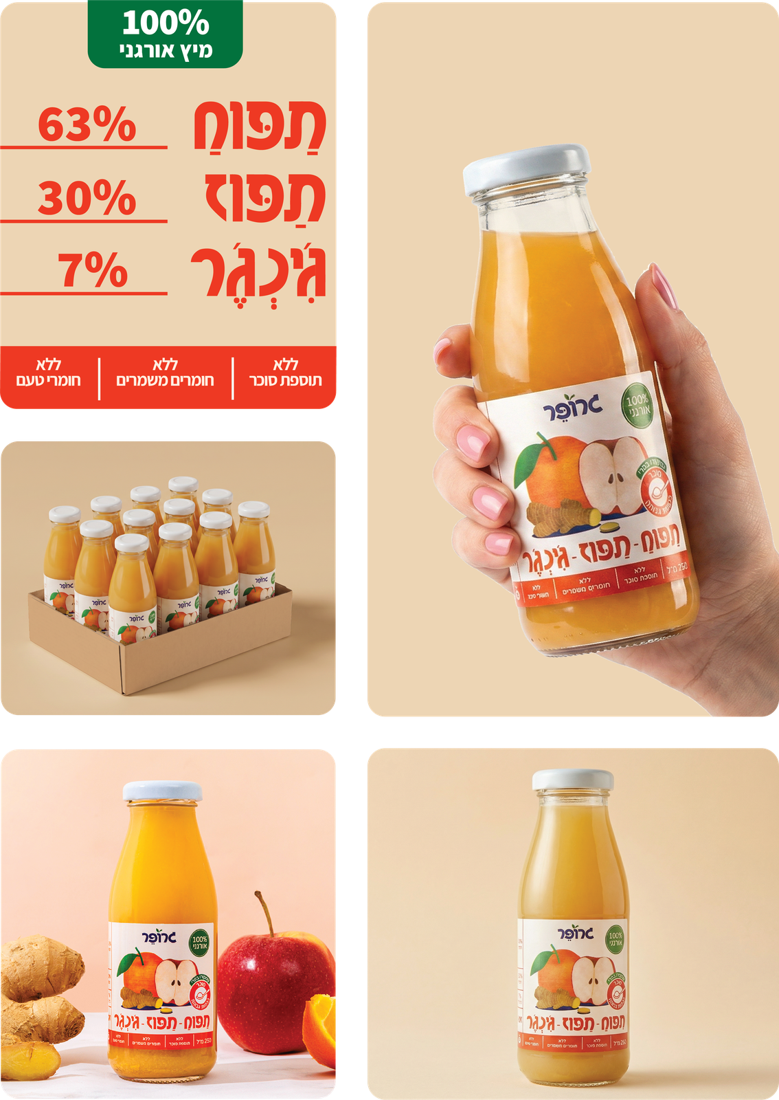 תפוח תפוז ג'ינג'ר - מארז בקבוקי זכוכית